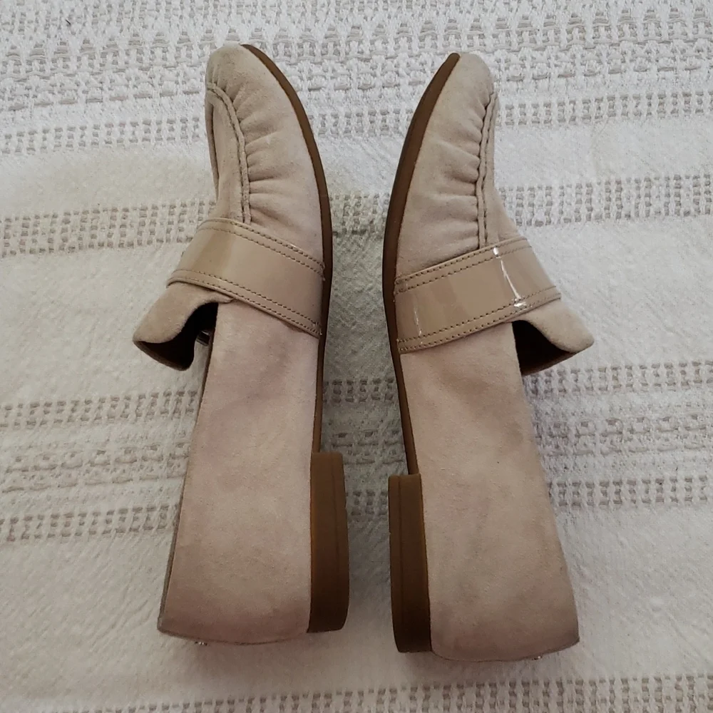 UGG suede beige loafer, slip on, silver buckle, flats,  women's size 7.